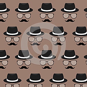 Seamless pattern of retro mustache, glasses and hat. Father day greeting card. Vintage, hipster pattern