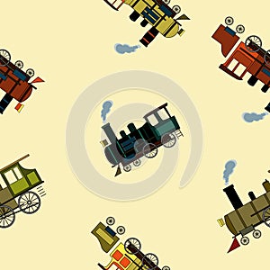 Seamless pattern with retro steam locomotives in cartoon style on beige background