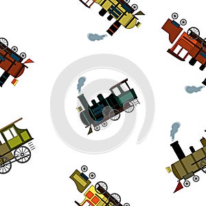 Seamless pattern with retro steam locomotives in cartoon style on white background