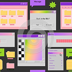 Seamless pattern of retro style desktop with user interface elements. Old computer in 90s