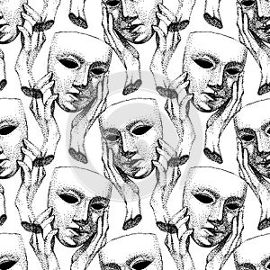 Seamless pattern in retro style. Mask in hands. dramatic theater. Hypocrite pretender, trickster, many faces. Vintage