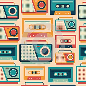 Seamless pattern with retro tape recorders and cassettes.