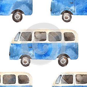 Seamless pattern with retro travel van