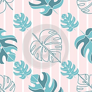 Seamless pattern retro tropical leaves on white pink stripes