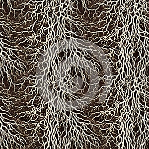 Seamless  pattern. Rhizomes white against the background of brown soil. Texture monochrome
