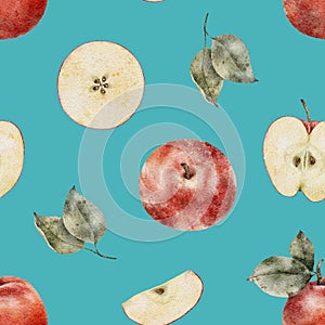 Seamless pattern with ripe apple tree branches, slice on azure background. Watercolor fruit Perfect for juicy pack