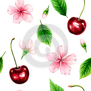 Seamless pattern with ripe cherry, green leaves and pink flowers