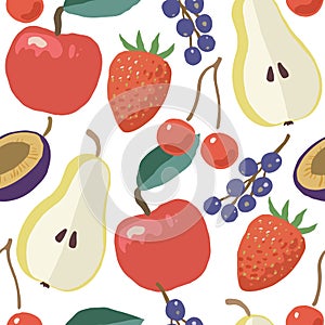 Seamless pattern with ripe juicy garden fruits, apples, cherries and pears. Hand drawn vector illustration.