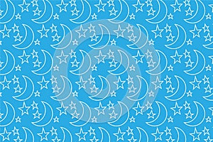 seamless pattern with rising moon and stars on a light blue background.