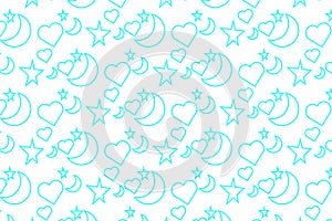 Seamless pattern with rising moon and stars on a light blue background. Vector graphics.