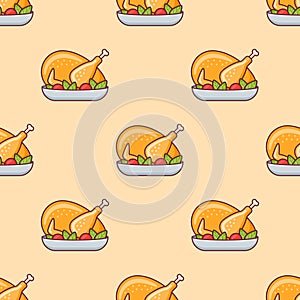 Seamless pattern with roasted turkey or chicken. Vector texture.