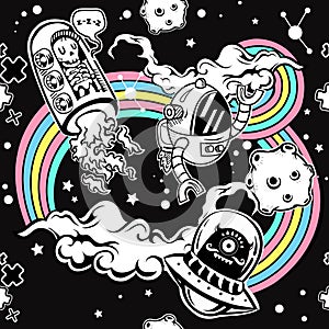 Seamless pattern with robots and rainbow