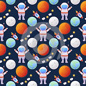 Seamless pattern with rocket, astronaut, planets and stars on blue background. vector illustration