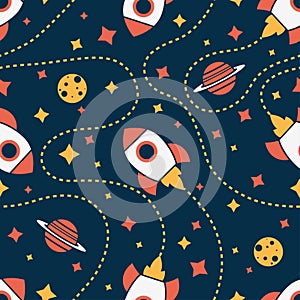 Seamless pattern with rocket, saturn, moon and star. Space background