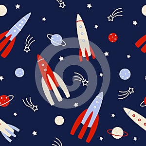 Seamless pattern with rockets and planets and stars for Your space design