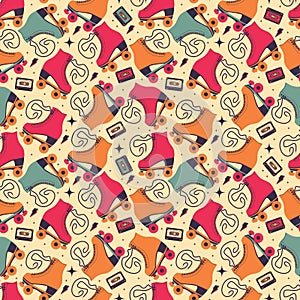 Seamless pattern with roller skates and cassette tapes. Retro hand drawn laced boots, colorful vector