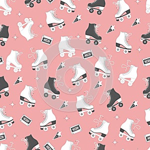 Seamless pattern with roller skates and cassette tapes. Retro hand drawn laced boots, colorful vector