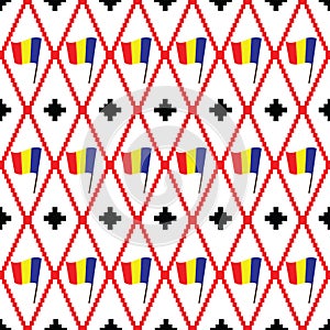 Seamless pattern with Romania flag and red rhombus
