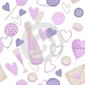 Seamless pattern with romantic background love sumbol illustration for Valentine holiday in pink purple color on white