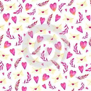 Seamless pattern. Romantic pink background with hearts  love letter and leaves