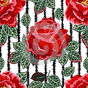 Seamless pattern with rose buds and leaves. Graphic llustration on white background. For the design of shawl