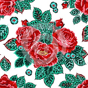 Seamless pattern with rose buds and leaves. Graphic llustration on white background. For the design of shawl