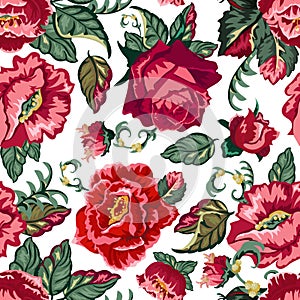 Seamless pattern with rose buds and leaves. Graphic llustration on white background. For the design of shawl