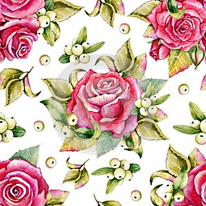 Seamless pattern with rose buds and leaves. Watercolor llustration on white background. For the design of shawl, handkerchief,