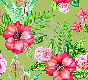 Seamless pattern with rose, camellia, succulents.