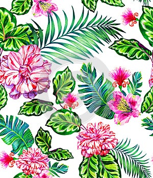 Seamless pattern with rose, camellia, succulents.