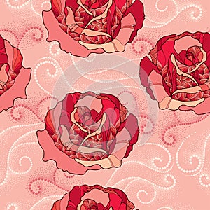 Seamless pattern with rose flower in red and dotted curls on the pink background