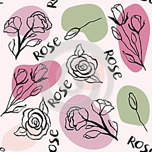 Seamless pattern with rose flowers and rose branches. Doodle style.