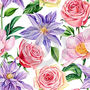 Seamless pattern of rose, peony, clematis flower background template. Watercolor floral greeting card, design