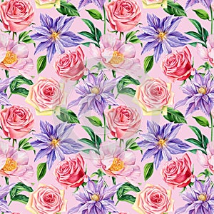 Seamless pattern of rose, peony, clematis flower background template. Watercolor floral greeting card, design