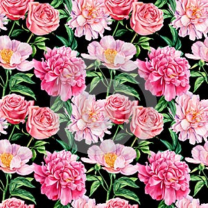 Seamless pattern of rose and peony, flower background template. Watercolor pink floral design, greeting card