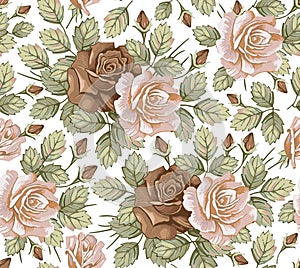 Seamless pattern Roses. Beautiful isolated flowers Vintage background Wallpaper Drawing engraving Vector illustration blooming