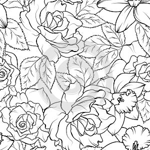 Seamless pattern with roses and daffodils black and white. Vector illustration.