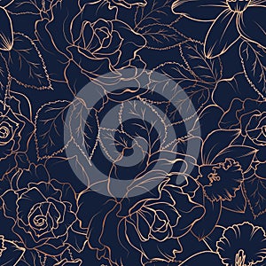 Seamless pattern with roses and daffodils on dark. Vector illustration.