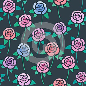 Seamless pattern with roses on dark background, nice and simple stylized, flowers, vector wallpaper