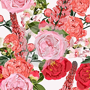Seamless pattern of roses flowers with peony, leaves, lupines and pink bells on white.