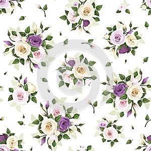 Seamless pattern with roses and lisianthus flowers. Vector illustration.