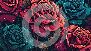 Seamless pattern with roses and rain drops. Vector illustration.