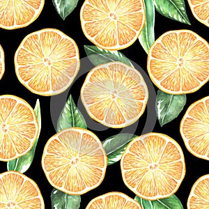 Seamless pattern of round slices of lemons with leaves.Watercolor illustration. Isolated on a black background.For your