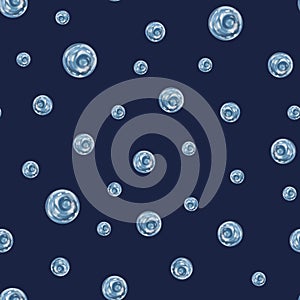 Seamless pattern with round transparent clear water bubbles. Drops of seawater, aquarium, ocean, marine underwater life.