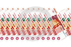 Seamless pattern with row of russian five-thousand banknotes isolated on white