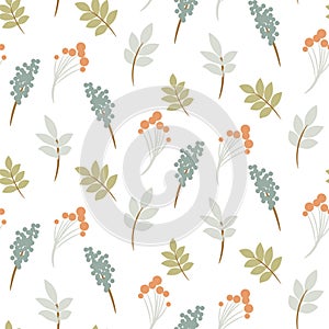 Seamless pattern with rowan berry and autumn leaves in pastel colors. Fall forest foliage and plants.
