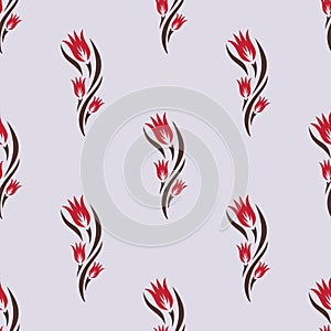 Seamless pattern with rows of red flowers tulip buds and brown leaves.