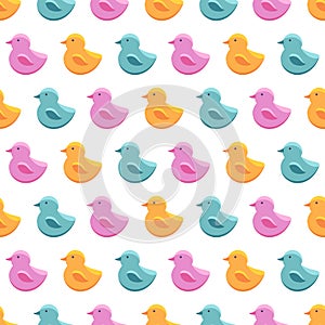 Seamless pattern rubber duck. Bath toy in flat style. Children s background in vector. Cute baby bathing toy in pink, yellow and