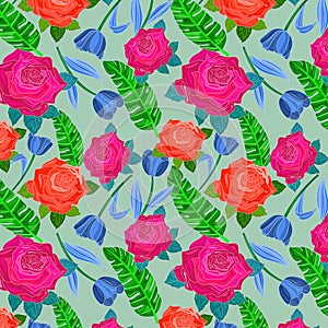 Seamless pattern of rubine red and scarlet color roses , dark cornflower blue tulip flower with Ao english color banana leaf on