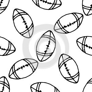 Seamless pattern of rugby ball. An oval American football ball, hand-drawn in the style of doodles with a black line, is often